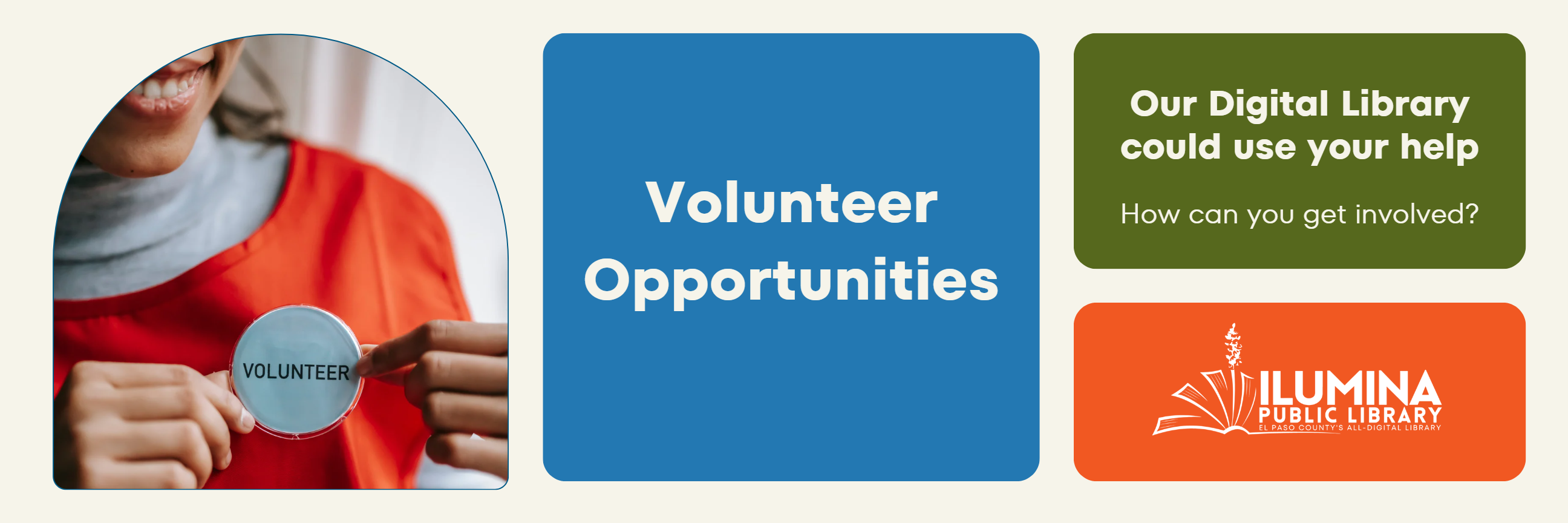banner with the words "Volunteer Opportunities", a picture of a person smiling holding a pin on their shirt saying "volunteer"