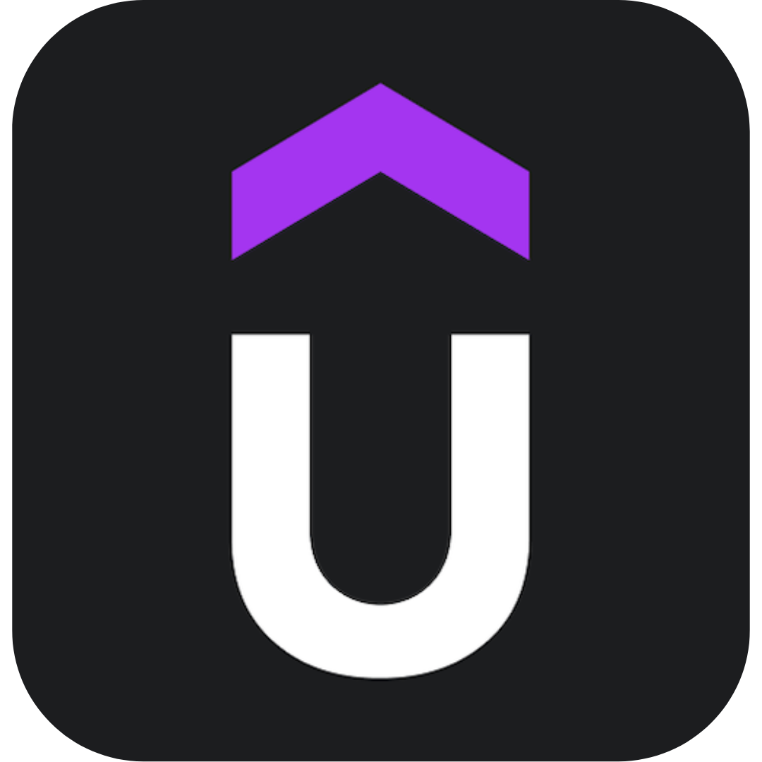 Logo for Udemy Business, shows the letter 'u' in white against a black background and a purple triangle design above it. 